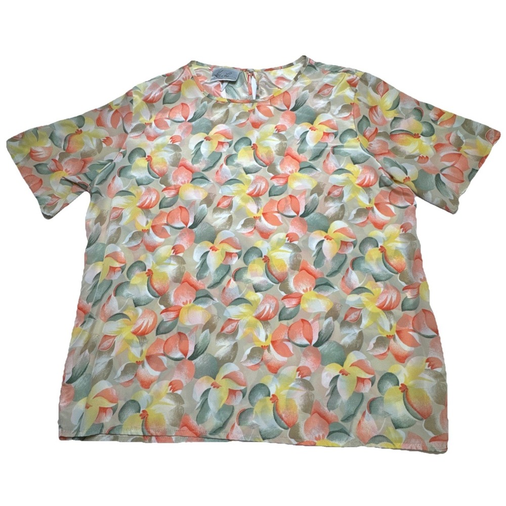Kathie Lee Womens Floral Short Sleeve Blouse‎ Peach Yellow Sage Green Size Large